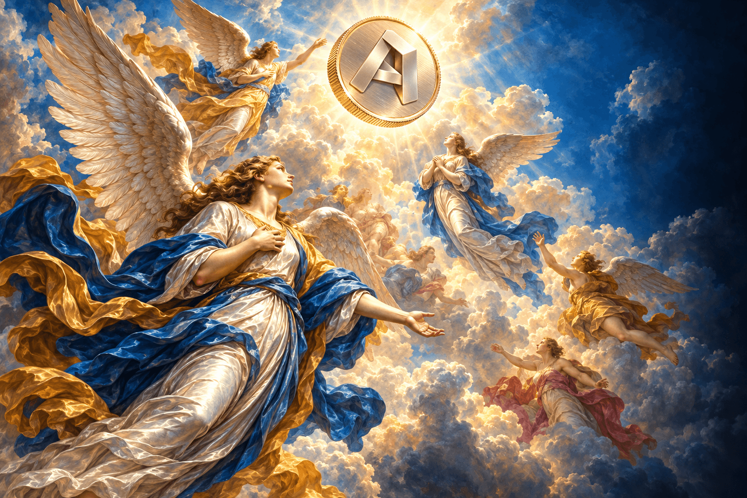 A metallic AN1 coin above winged figures in flowing blue and gold robes among sunlit clouds.